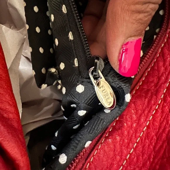 FURLA | Cherry Red Satchel w/Popping White on Black Polka Dot Interior - Picture 12 of 16